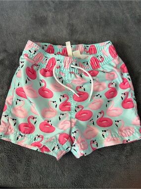 Kids Flamingo Print Swim Shorts - Pink on Aqua